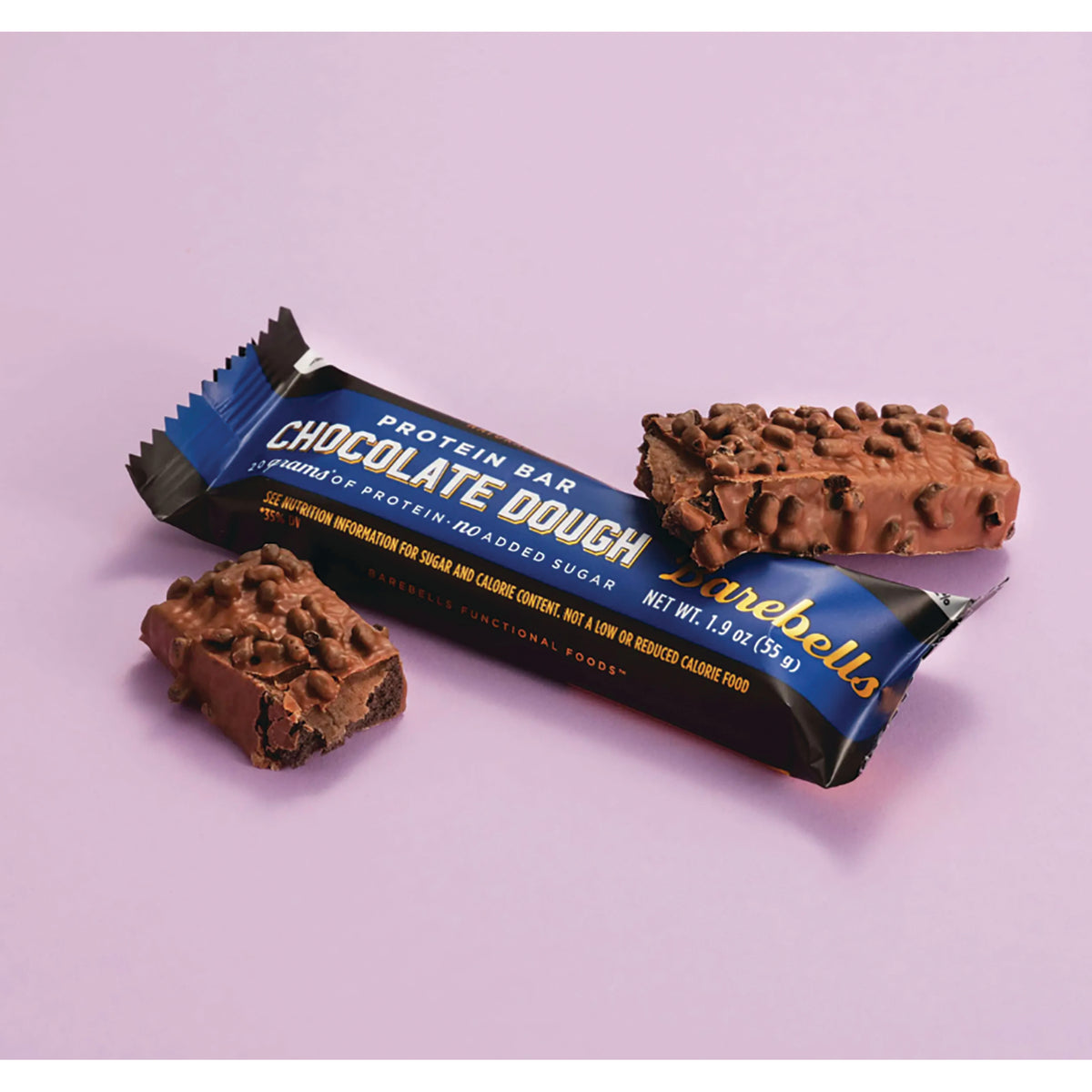 BAE002 | Chocolate Dough protein bar in blue wrapper with two chocolate-coated bars and a broken piece on pink background