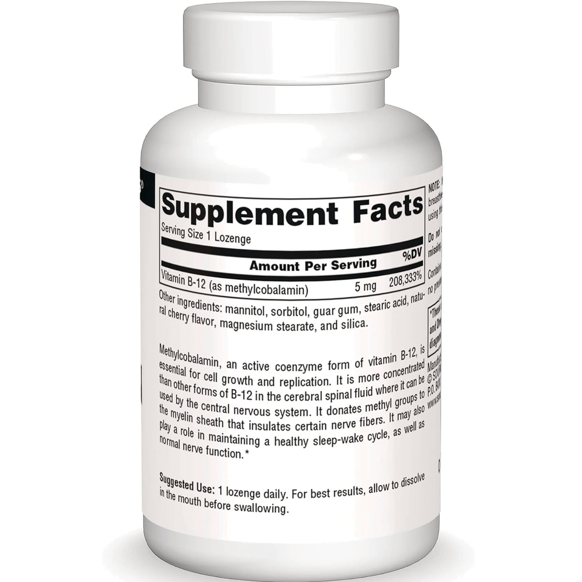 SN354 | Back label with Supplement Facts for Vitamin B-12 (as methylcobalamin) 5 mg, serving size 1 lozenge