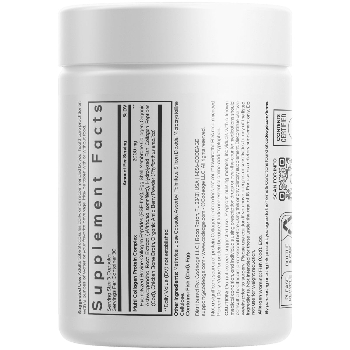 CDG026 | back of white supplement jar showing Supplement Facts panel, ingredient list and recycling icons