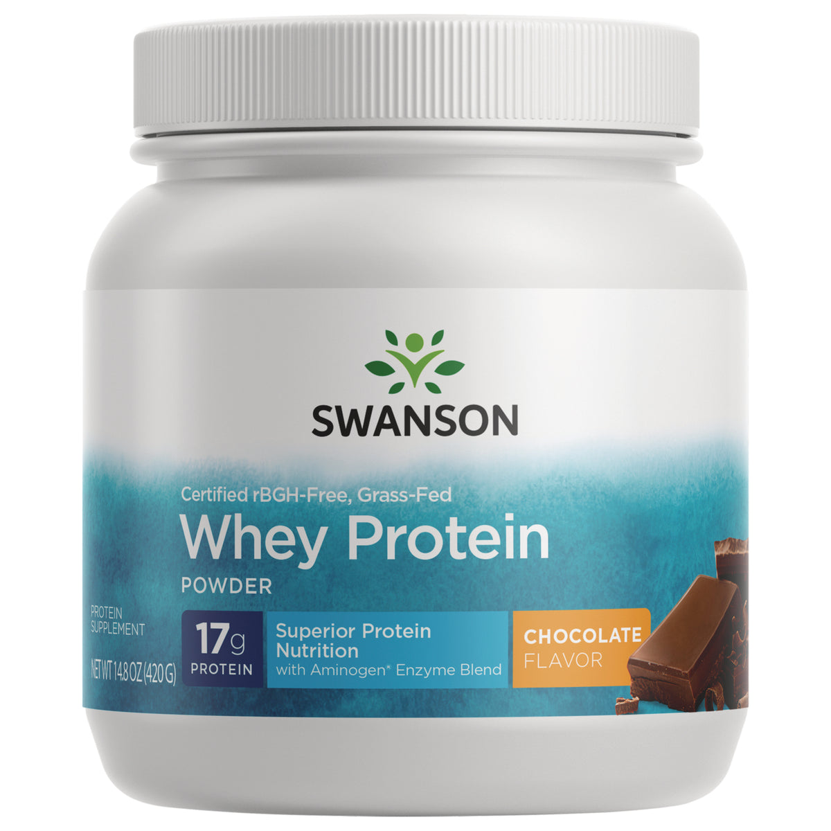 SWU475 | Four Swanson whey protein powder tubs, chocolate flavor, front view || SWU475 | Swanson Whey Protein powder chocolate flavor, two tubs front view || SWU475 | Three Swanson Whey Protein tubs, chocolate flavor front view with 17g protein label