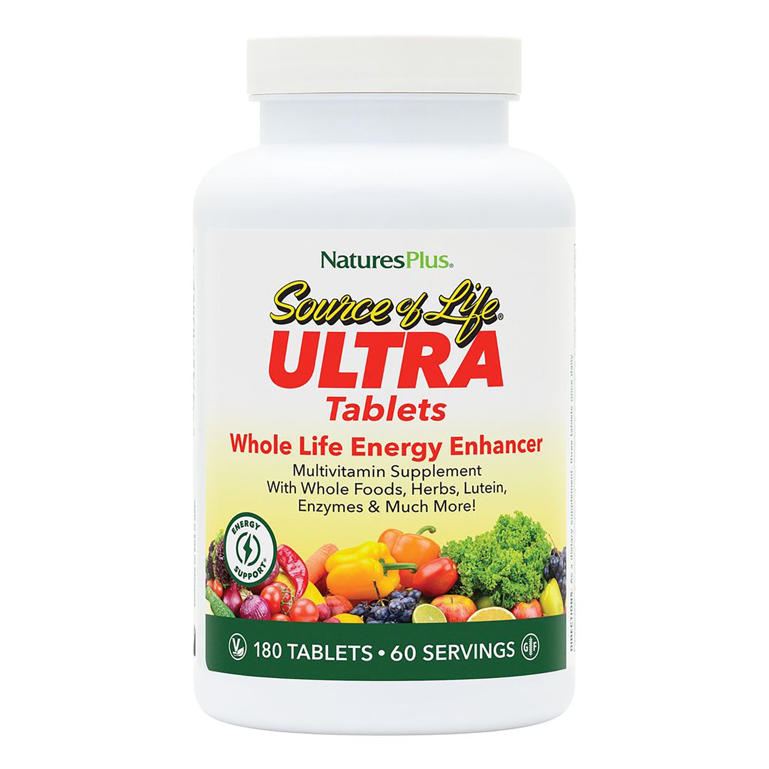 NTP105 | Natures Plus Ultra Source of Life Whole Life Energy Enhancer bottle, 180 tablets, vegetarian hypo-allergenic