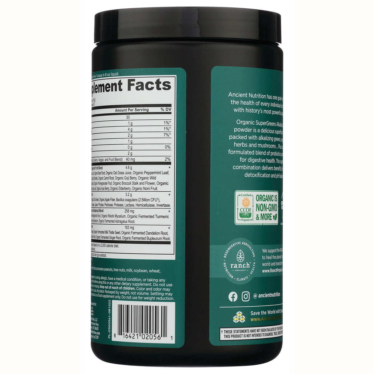 ATN110 | Back label showing supplement facts panel, barcode, and organic non-GMO and CCOF badges