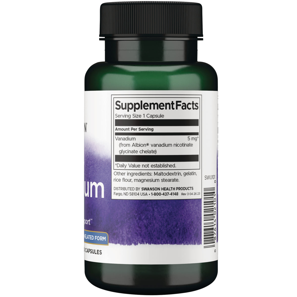 SWU101 | Supplement Facts panel showing serving size 1 capsule and vanadium 5 mg, plus ingredients, use, and warnings