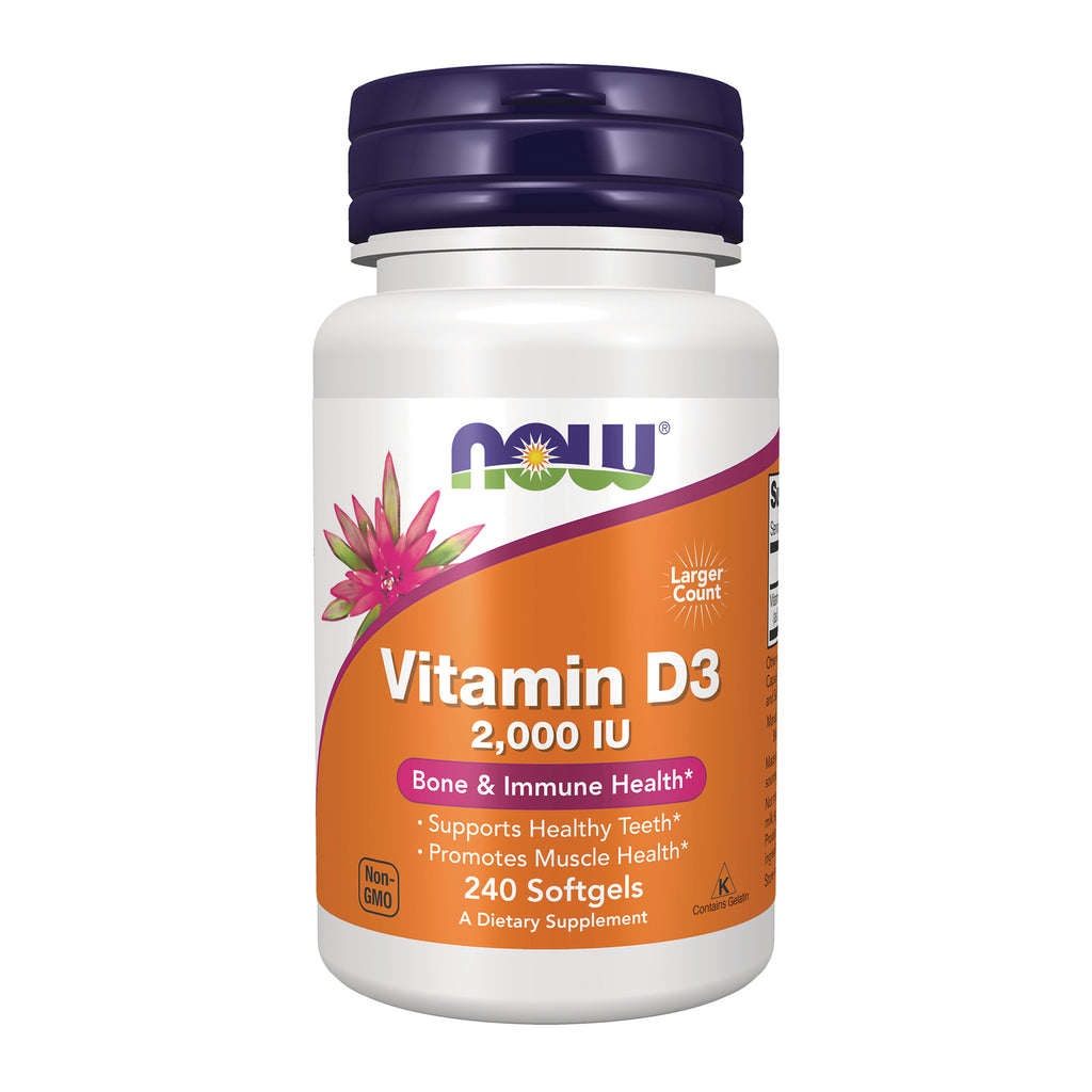 NWF643 | Now High Potency Vitamin D-3 2,000 IU white bottle with orange label, 240 softgels - Thumbnail