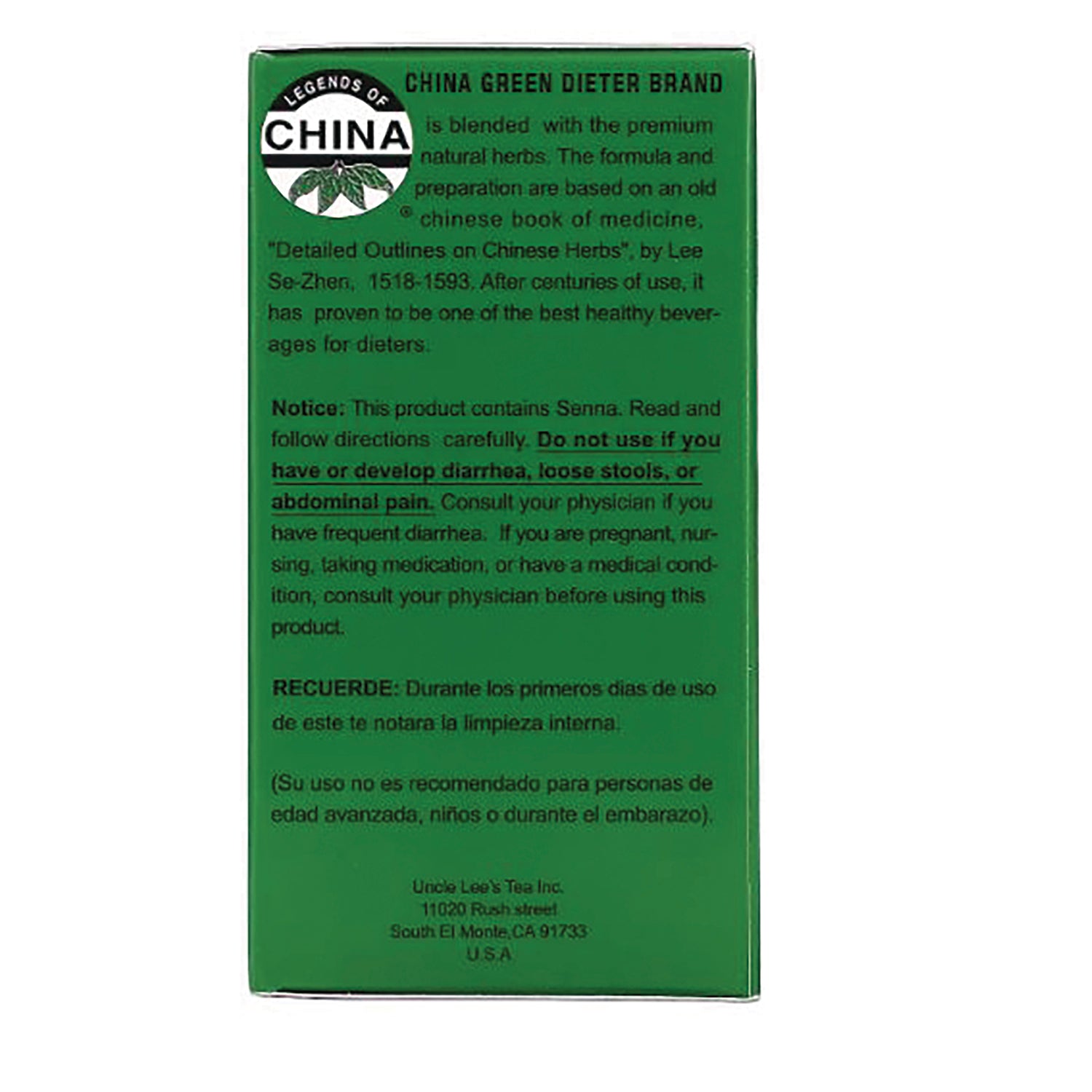 UL012 | Back panel of China Green Dieter Brand tea box with Legends of China logo and Senna warning text