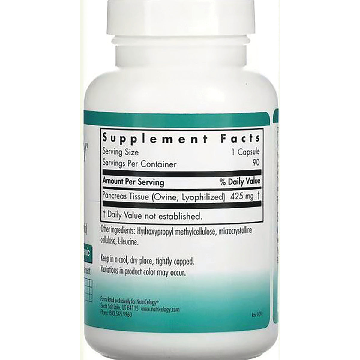 NCL007 | Back label showing Supplement Facts panel with serving size 1 capsule and Pancreas Tissue 425 mg