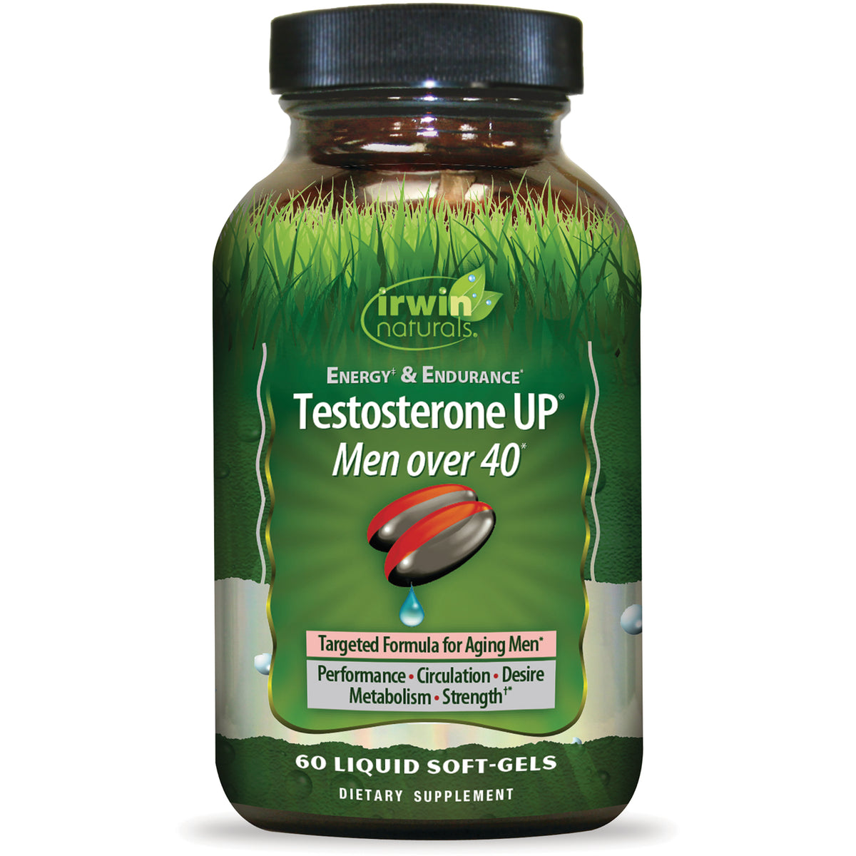 IR256 | Irwin Naturals Testosterone UP Men over 40 bottle showing label and 60 liquid soft-gels