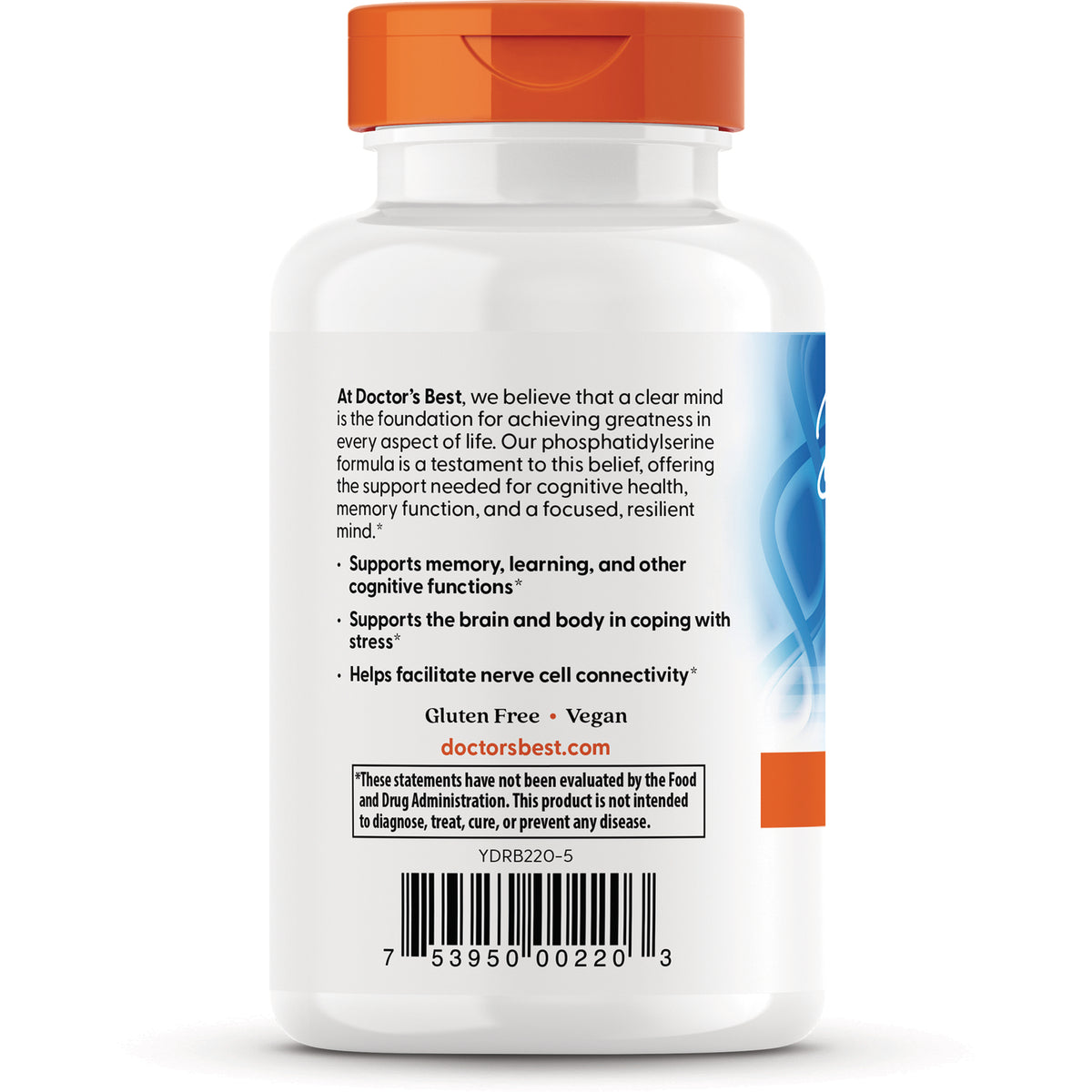 DB142 | Back of white supplement bottle showing product claims, Gluten Free Vegan, doctorsbest.com and barcode