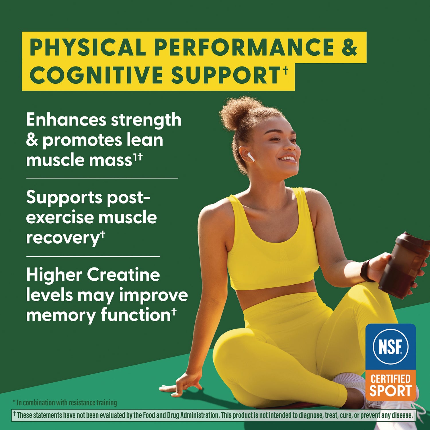 MGF148 | Infographic with woman in yellow activewear, text PHYSICAL PERFORMANCE & COGNITIVE SUPPORT and NSF Certified Sport badge