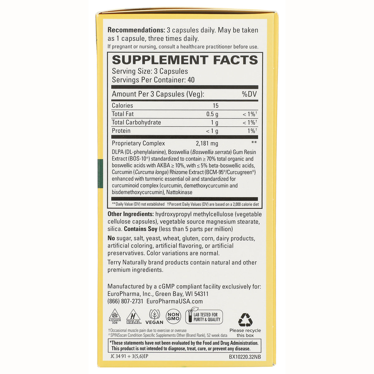 EUR002 | Supplement facts panel and ingredients list on back of yellow supplement box, serving size 3 capsules
