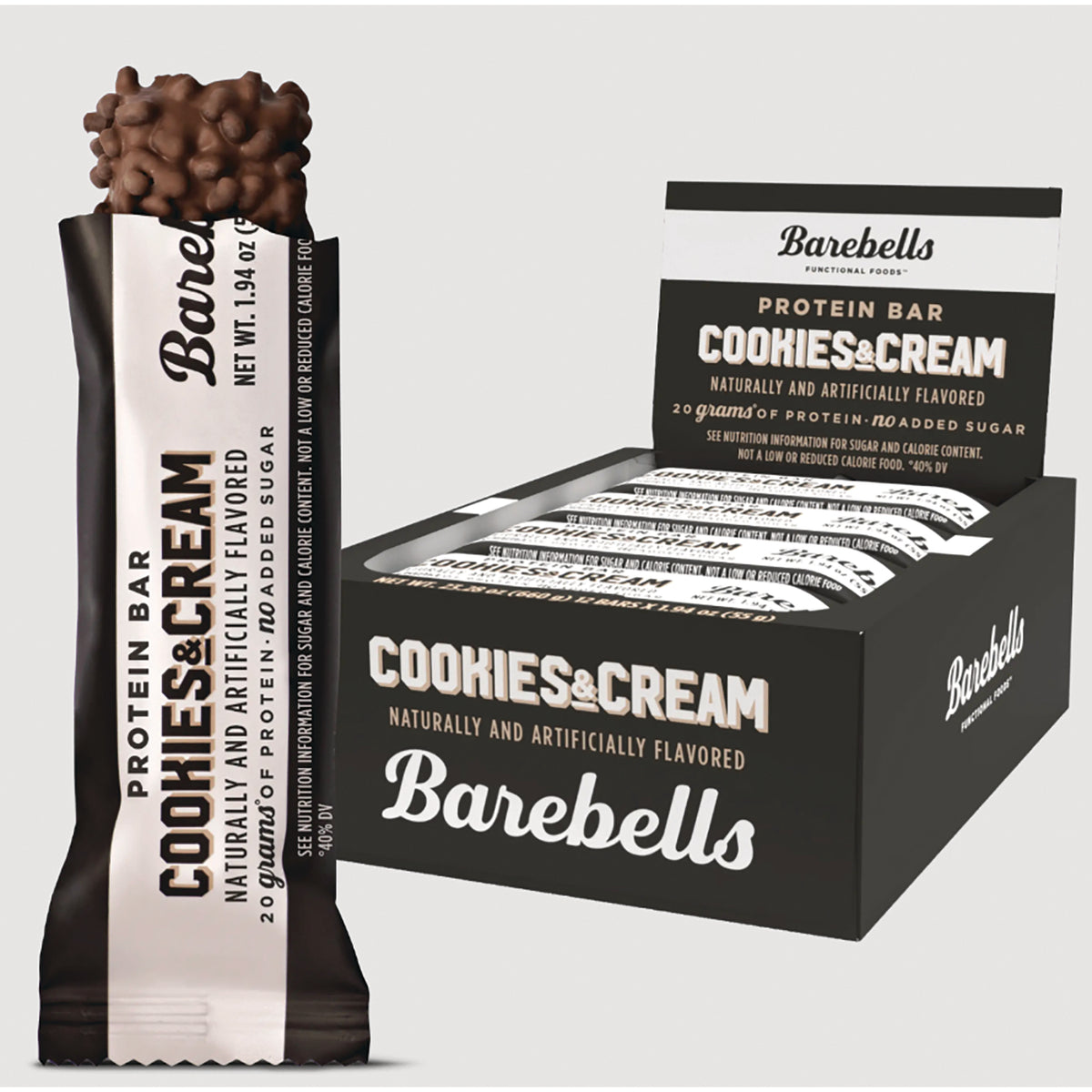 BAE003 | Cookies & Cream Barebells protein bar with chocolate-coated crisp pieces beside an open display box of bars