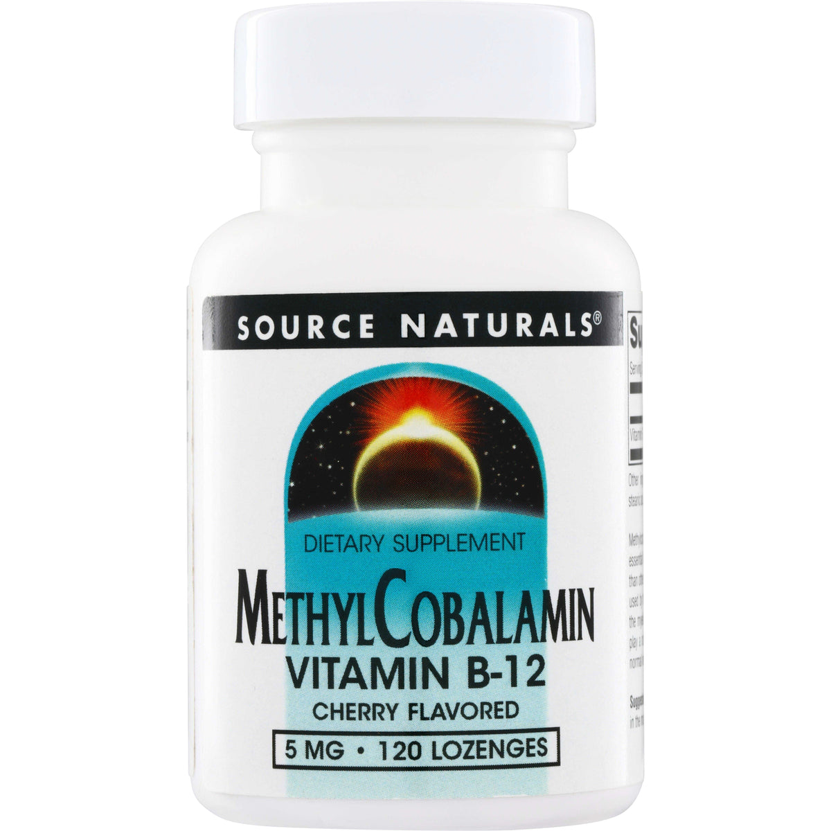 SN354 | Source Naturals Methylcobalamin Vitamin B-12, cherry flavored, 5 mg, 120 lozenges