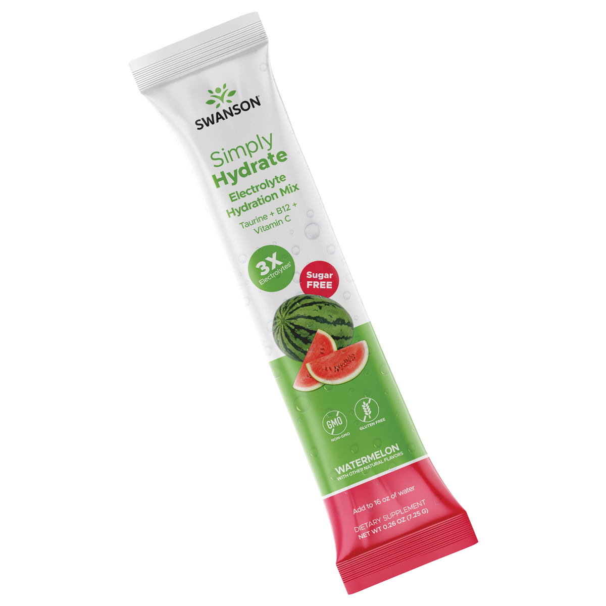 SW1926 A promotional image for Swanson's electrolyte hydration mix features a white tube with green accents, displaying the product name and key benefits such as '3X Electrolytes' and 'Sugar Free' in bold text. The tube is positioned at an angle, with a sliced watermelon and a watermelon wedge placed beside it, emphasizing the watermelon flavor.