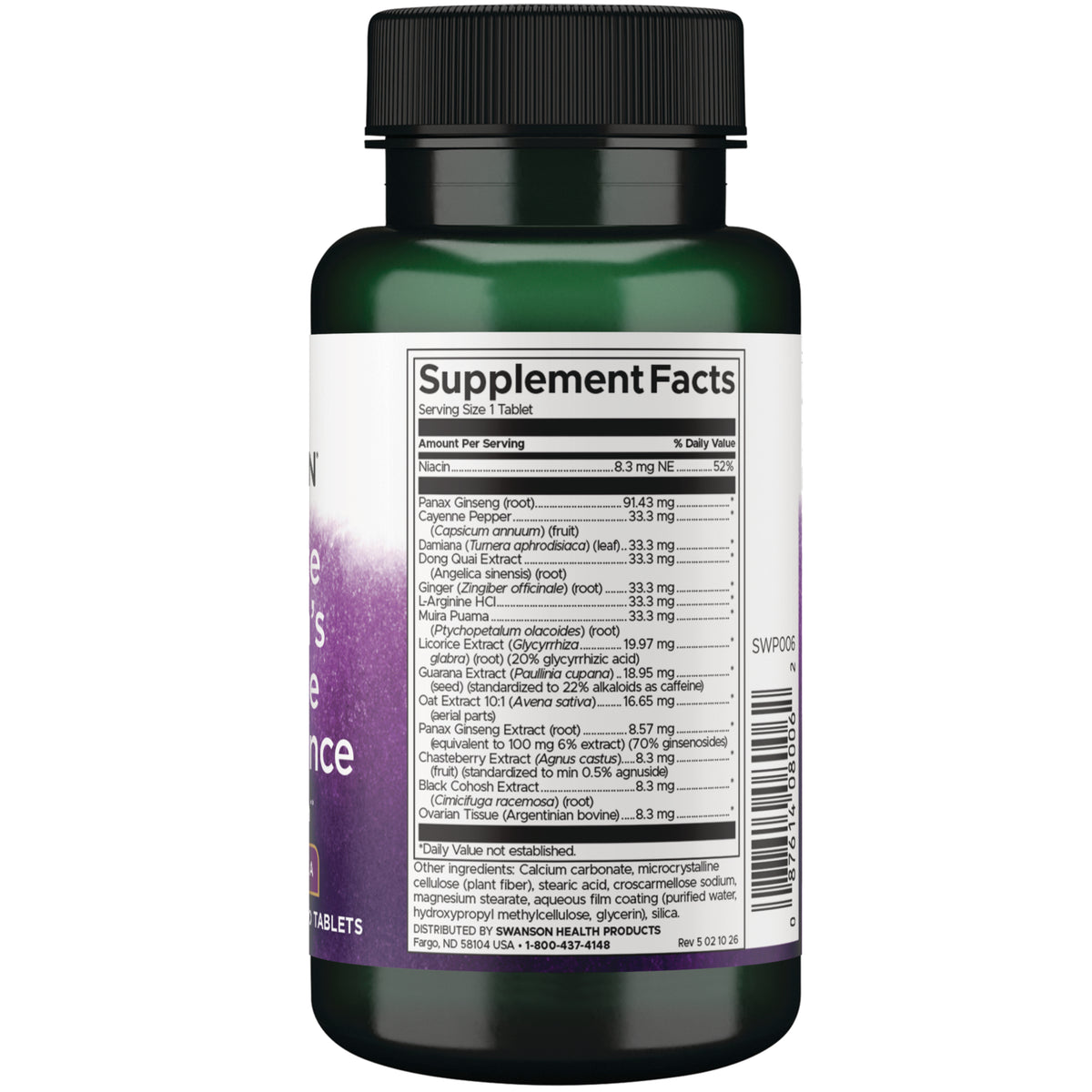 SWP006 | Supplement Facts panel, serving size 1 tablet, ingredients and amounts per serving with daily values