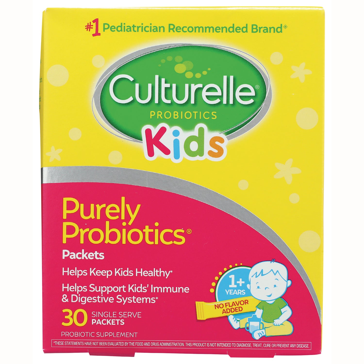 CUL002 | Culturelle Kids Purely Probiotics 30 single-serve packets box, yellow and pink front with child illustration