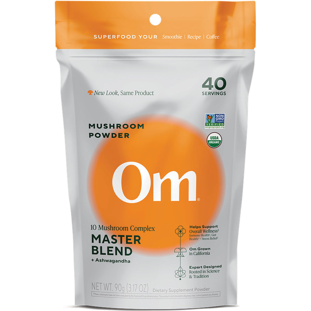 MMX032 | Om Master Blend mushroom superfood pouch front, 40 servings, 10 mushrooms, 250 mg ashwagandha, certified organic - Thumbnail