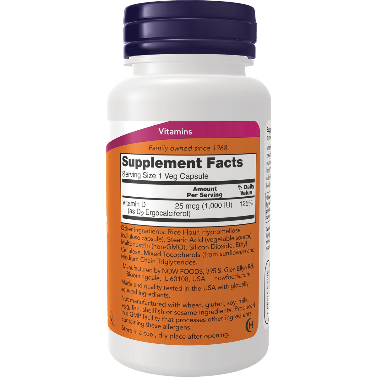 NWF111 | Back of white vitamin D supplement bottle showing Supplement Facts panel and ingredients on orange label