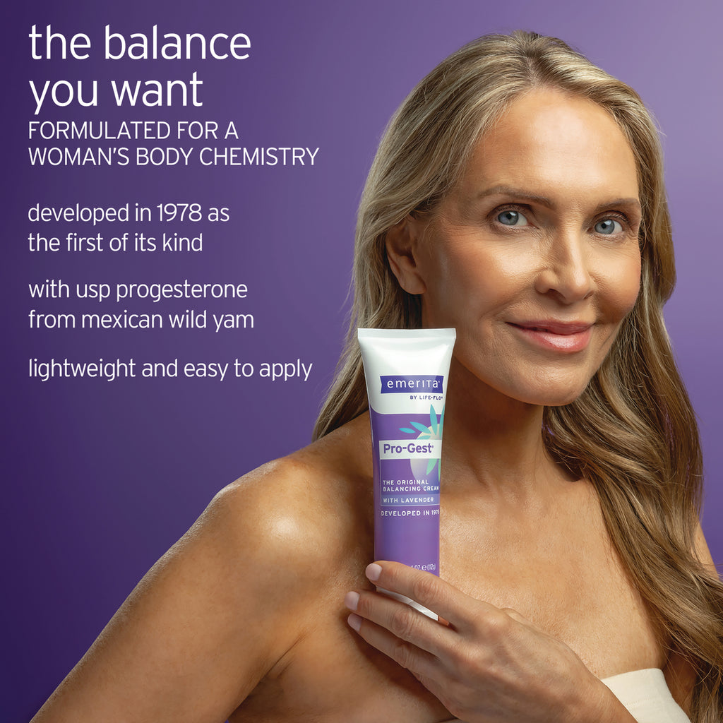 EMR032 | Middle-aged woman holding tube labeled Pro-Gest balancing cream on purple background with text the balance you want - Thumbnail