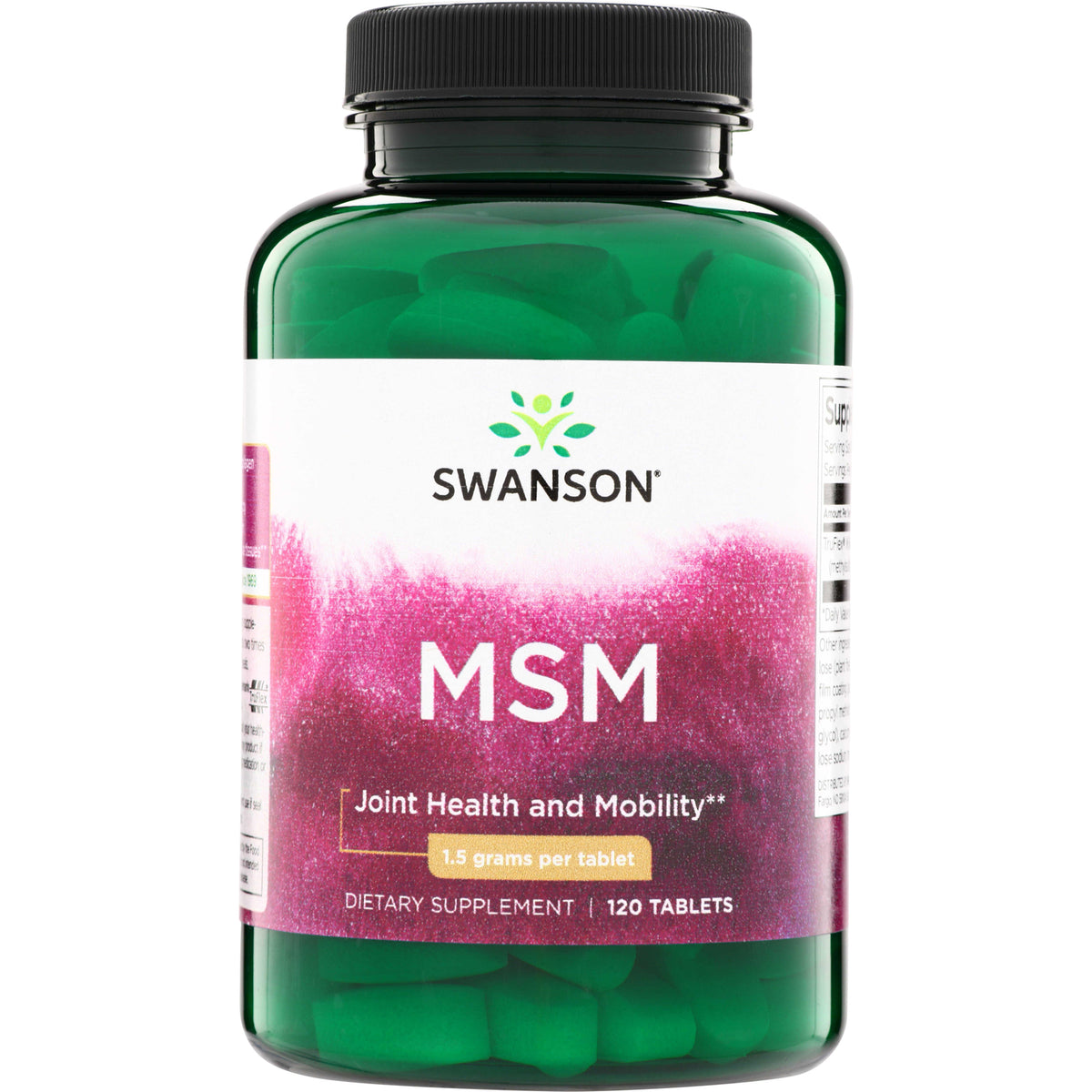 SWU112 | Swanson MSM supplement bottle, Joint Health and Mobility, 1.5 grams per tablet, 120 tablets