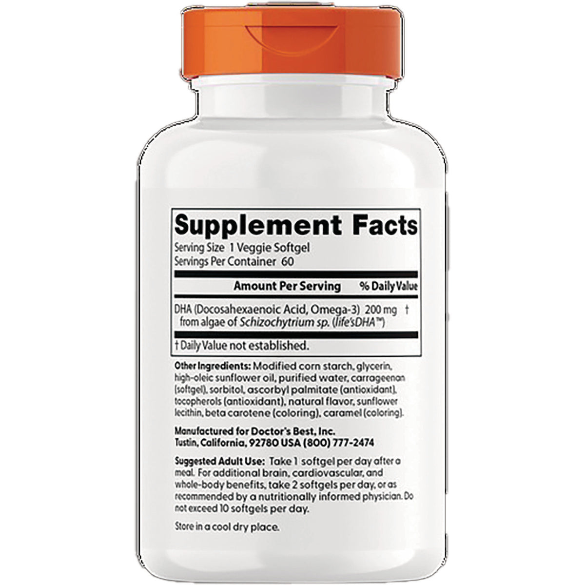 DB192 | back label showing Supplement Facts, DHA 200 mg and ingredient and usage information on white bottle