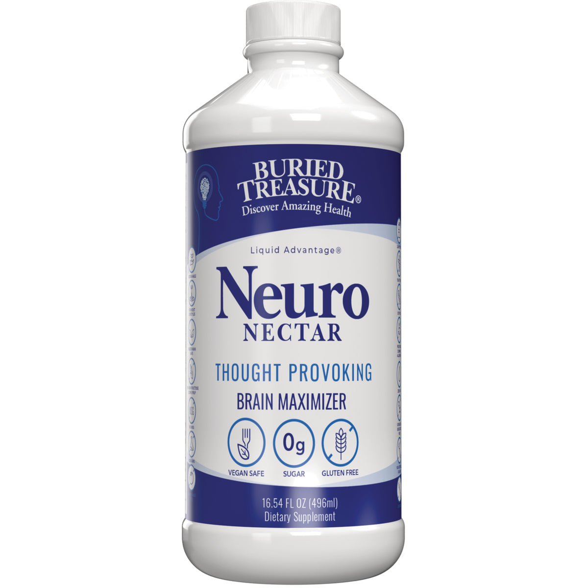 BTR027 | Buried Treasure Neuro Nectar bottle labeled Thought Provoking Brain Maximizer, vegan safe, 0g sugar, gluten free, 16.54 FL OZ