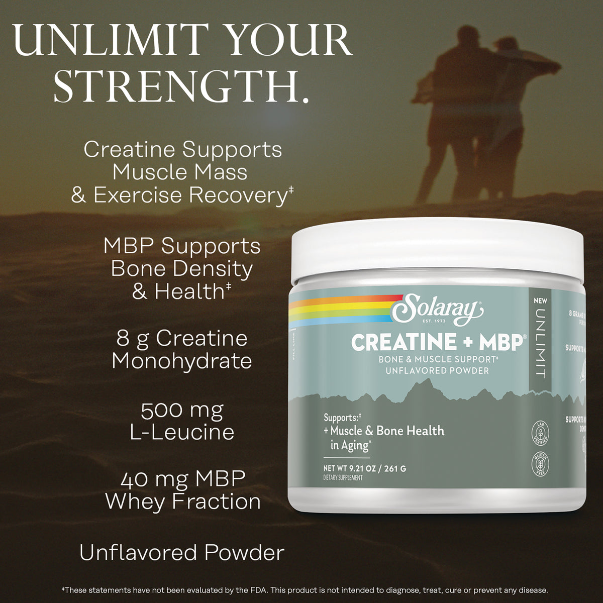 SLR550 | Solaray Creatine + MBP unflavored powder jar with support claims and product benefits
