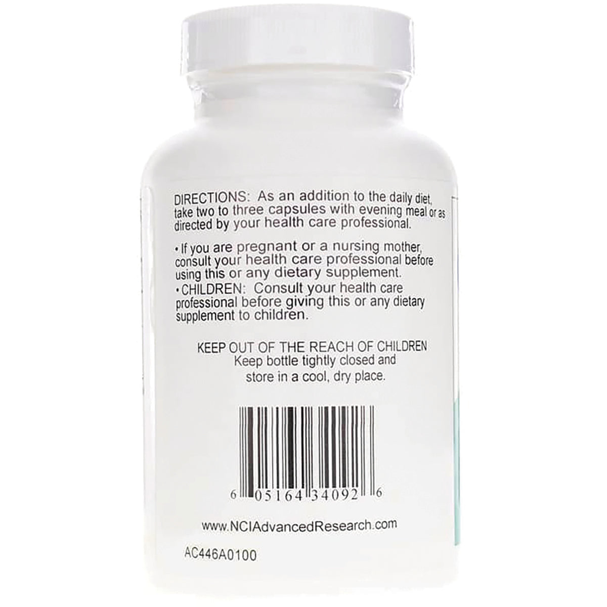 ADR006 | Back label with directions, warnings, barcode, and NCIAadvancedResearch.com