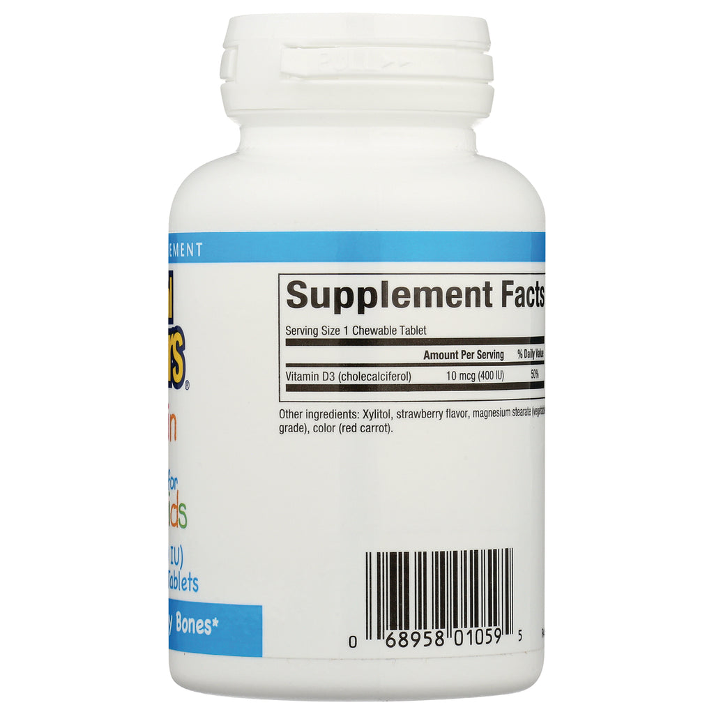 NFC126 | Back label with Supplement Facts showing Serving Size 1 Chewable Tablet, Vitamin D3 10 mcg, and barcode - Thumbnail