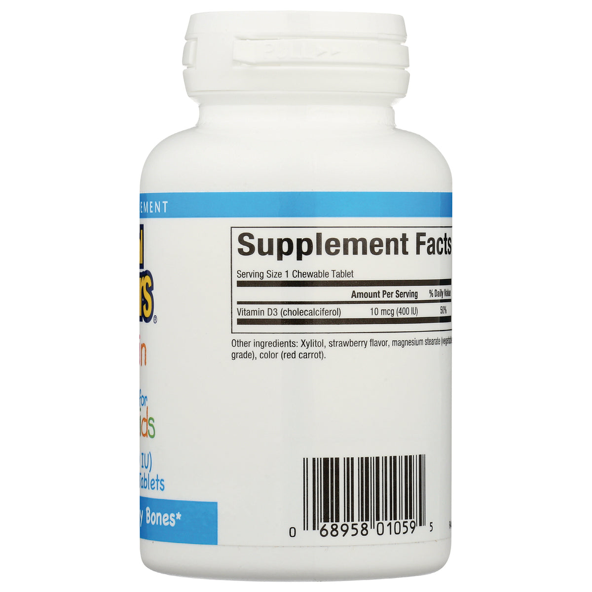 NFC126 | Back label with Supplement Facts showing Serving Size 1 Chewable Tablet, Vitamin D3 10 mcg, and barcode