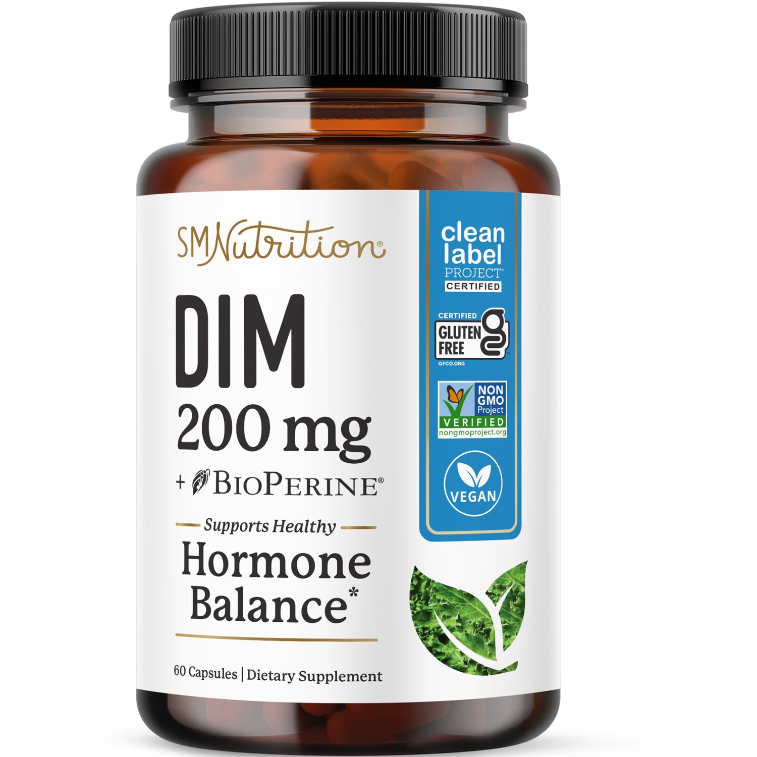 SMT002 | SMNutrition DIM 200 mg bottle front label, estrogen metabolism support, 60 capsules