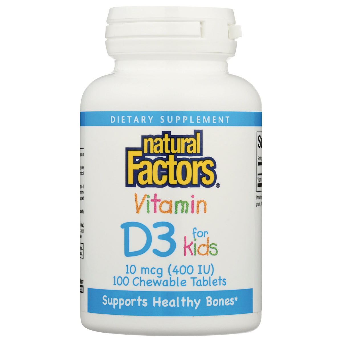 NFC126 | Natural Factors Vitamin D3 for kids bottle, 10 mcg (400 IU) 100 chewable tablets front label