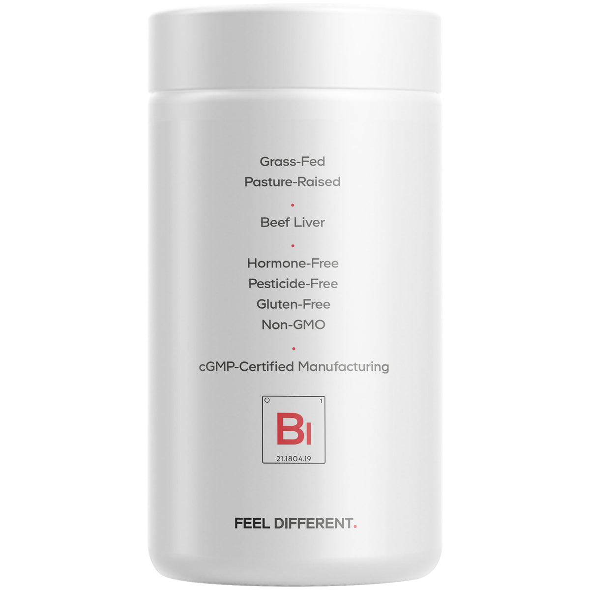 CDG023 | back label listing Grass-Fed, Pasture-Raised, Beef Liver, Hormone-Free, Pesticide-Free, Gluten-Free, Non-GMO, cGMP Certified Manufacturing and FEEL DIFFERENT