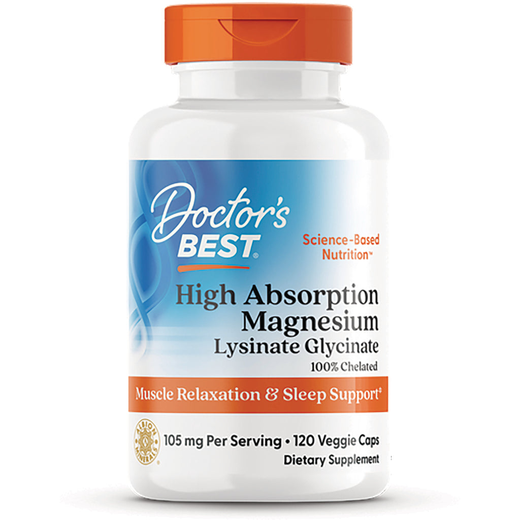 DB284 | Doctor's Best High Absorption Magnesium Lysinate Glycinate bottle front with orange cap, 120 veggie caps - Thumbnail