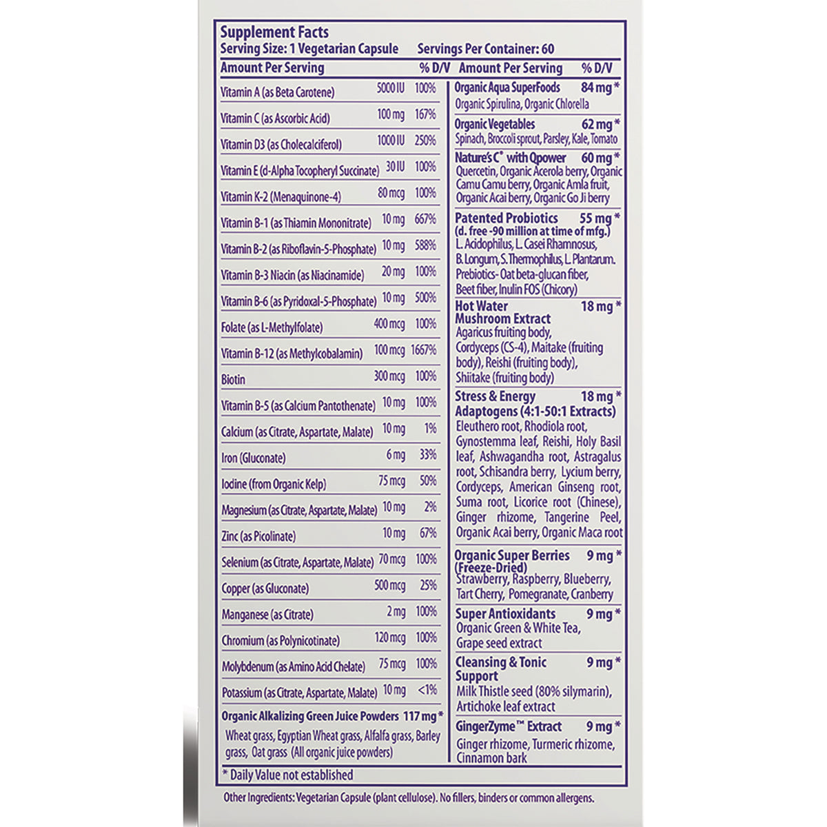 PRH011 | Supplement Facts panel showing serving size, vitamin and mineral amounts and herbal blends