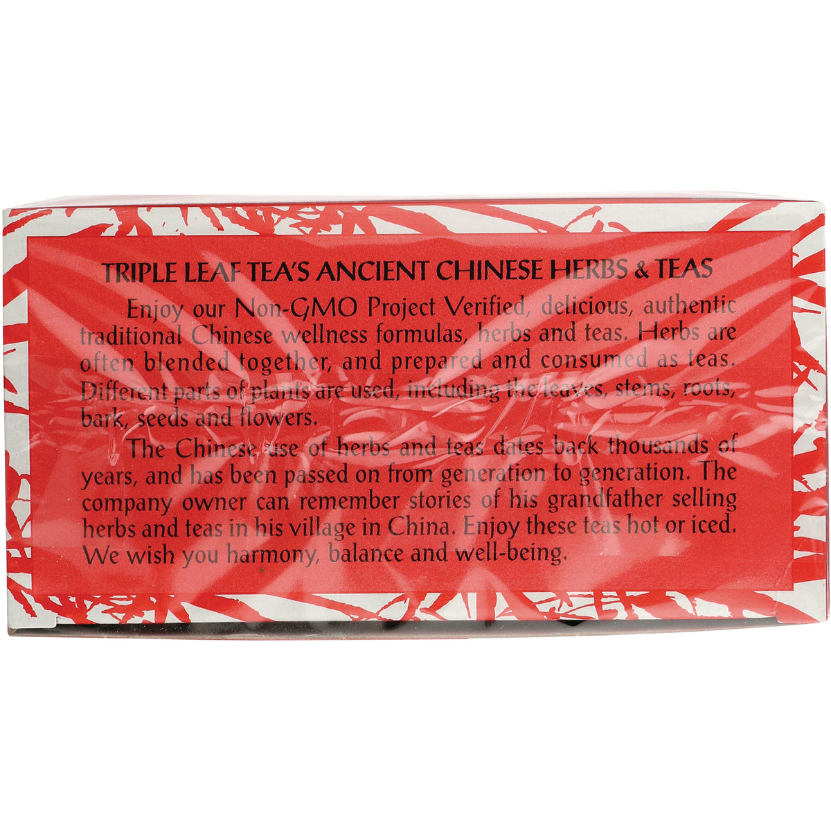 TLT008 | Panel reads TRIPLE LEAF TEAS ANCIENT CHINESE HERBS & TEAS with brand story about traditional wellness formulas