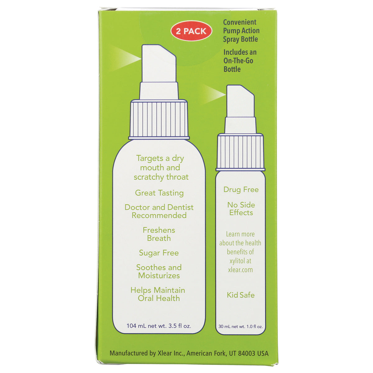 XL026 | Product infographic: 2-pack mouth spray benefitstargets dry mouth, sugar free, drug free, kid safe, travel bottle