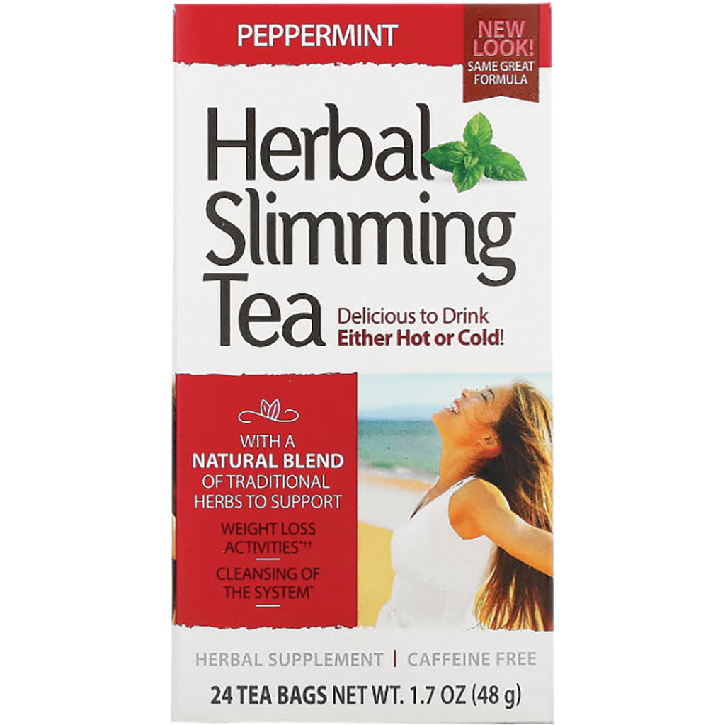 CNT153 | Peppermint Herbal Slimming Tea front box showing product name, natural blend callout, and woman on beach, 24 tea bags - Thumbnail