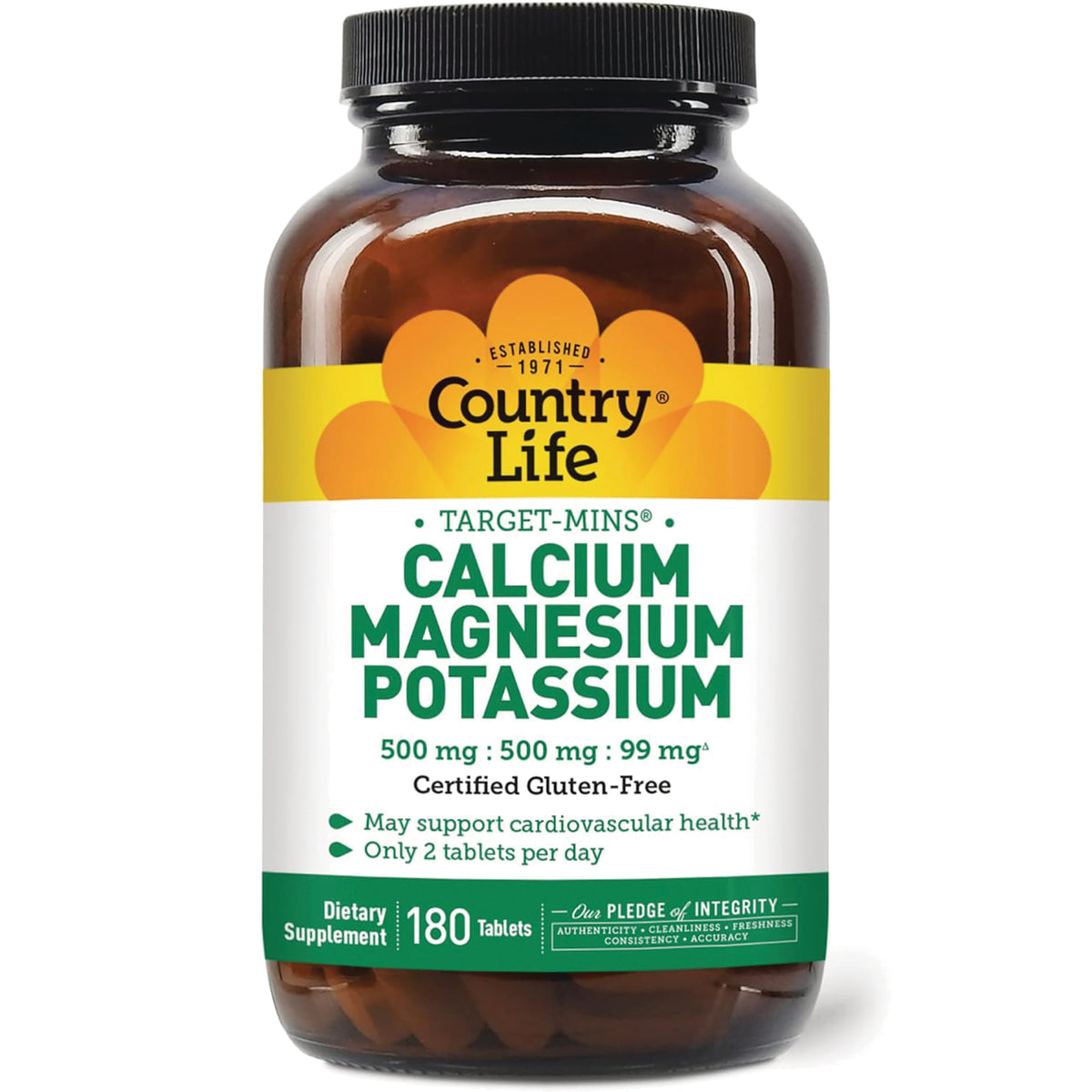 CRL520 | Country Life Target-Mins CALCIUM MAGNESIUM POTASSIUM dietary supplement bottle, 180 tablets