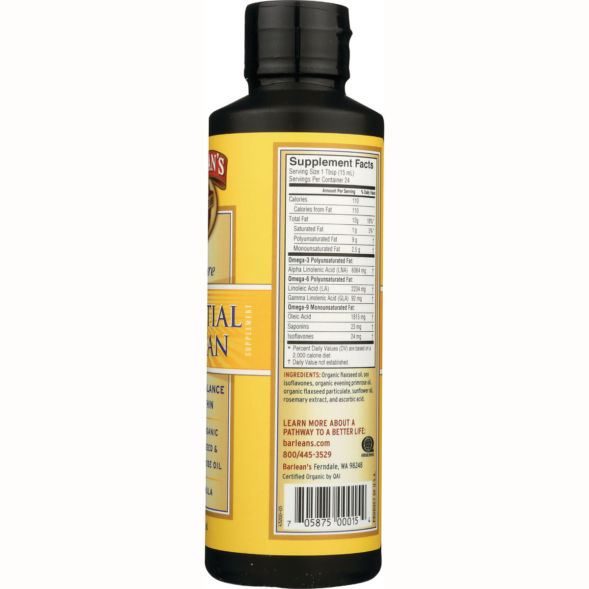 BAR036 | Back of yellow supplement bottle showing Supplement Facts, ingredients and barcode