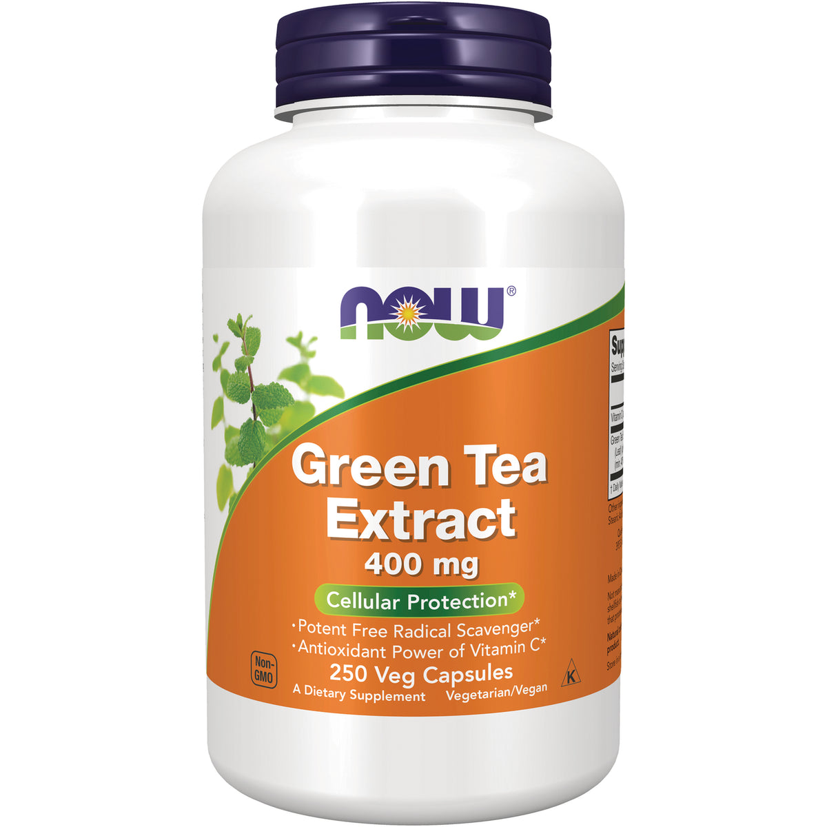 NWF679 | NOW Green Tea Extract 400 mg white bottle with orange label, 250 veg capsules
