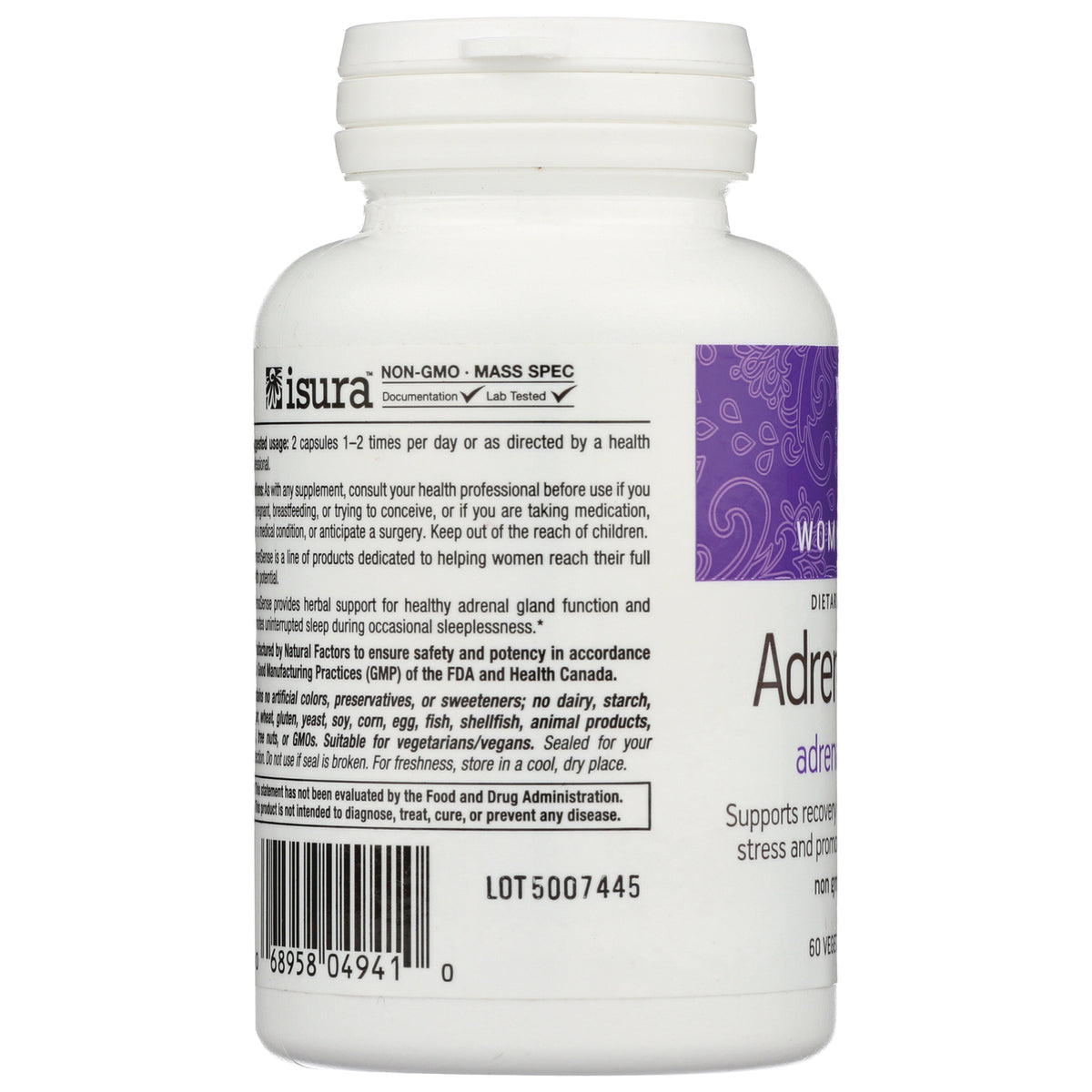 NFC148 | back of white supplement bottle showing ingredients, directions, barcode and LOT5007445