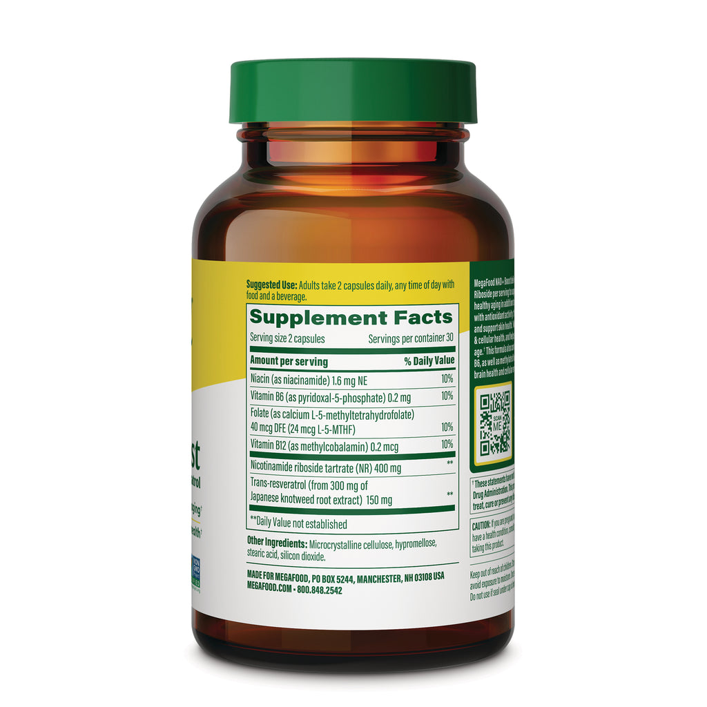 MGF150 | Back of amber supplement bottle showing Supplement Facts label with serving size 2 capsules and ingredients - Thumbnail