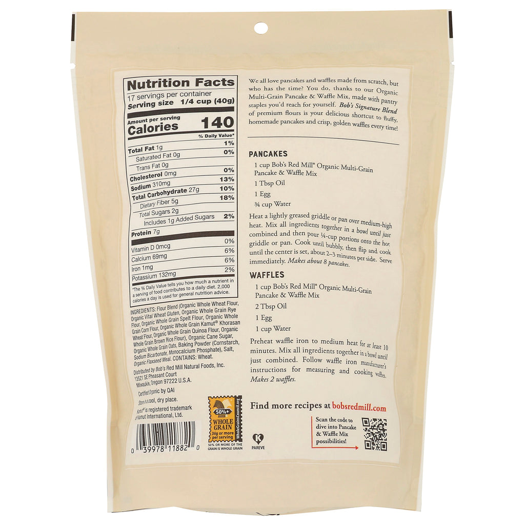 BOB322 | Back of beige pancake mix pouch showing Nutrition Facts panel, ingredients, pancake and waffle recipes - Thumbnail