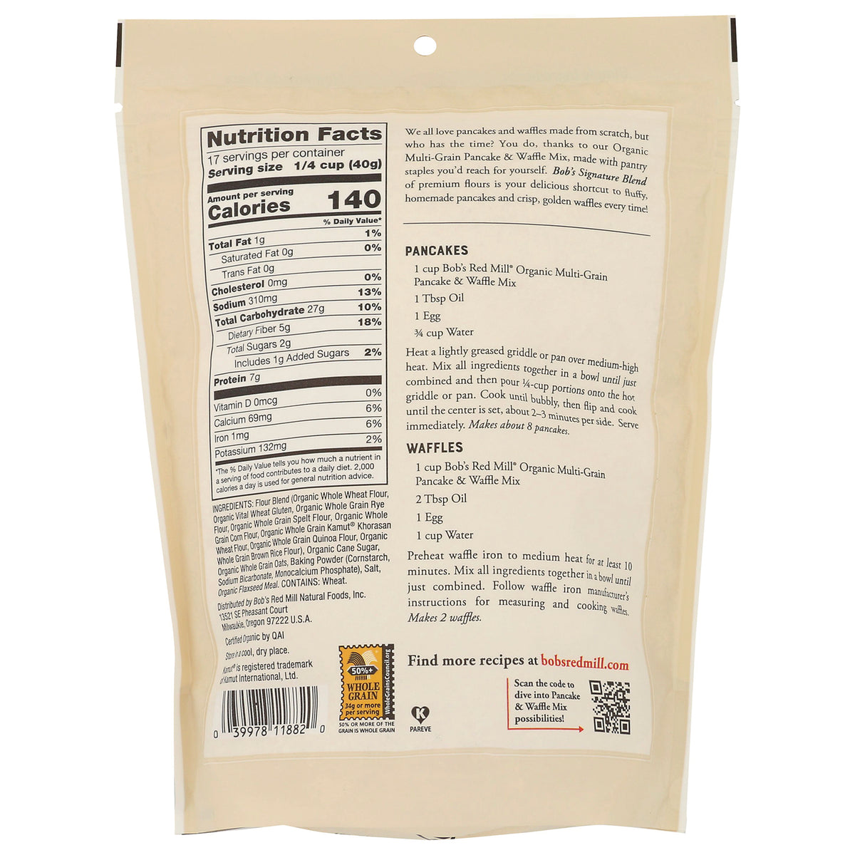 BOB322 | Back of beige pancake mix pouch showing Nutrition Facts panel, ingredients, pancake and waffle recipes