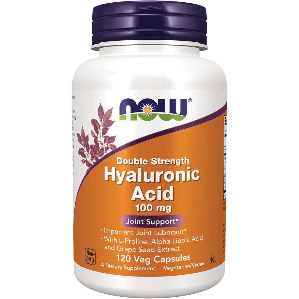 NWF1108 | NOW Double Strength Hyaluronic Acid 100 mg bottle with orange label, 120 Veg Capsules - Thumbnail