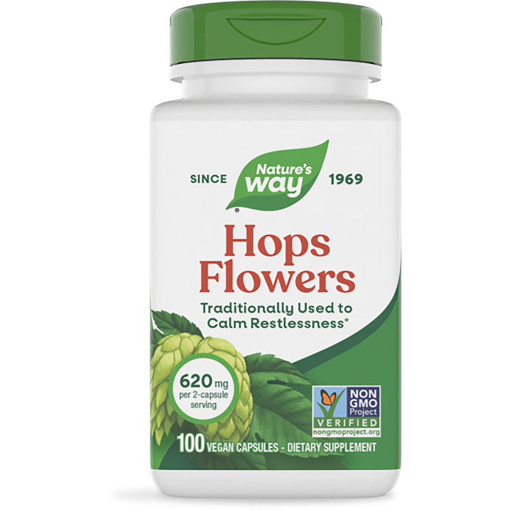 NW937 | Nature's Way HOPS FLOWERS dietary supplement bottle, 100 vegan capsules, green cap - Thumbnail