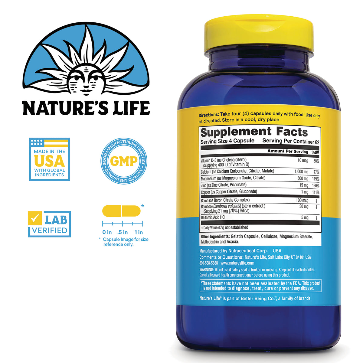NSL072 | Back of blue Nature's Life supplement bottle showing Supplement Facts label and brand logos