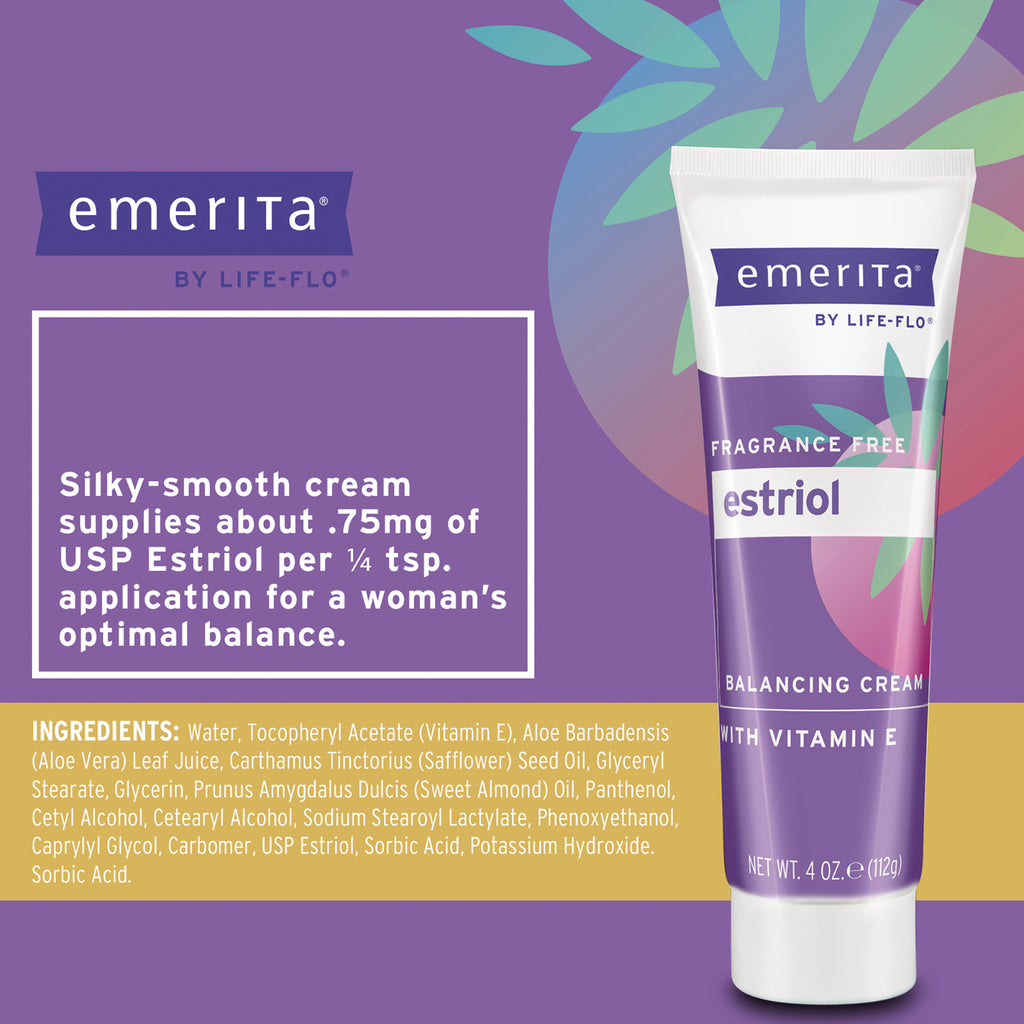 EMR030 | back label of purple Emerita estriol balancing cream tube showing ingredients, usage guidance and net wt 4 oz - Thumbnail