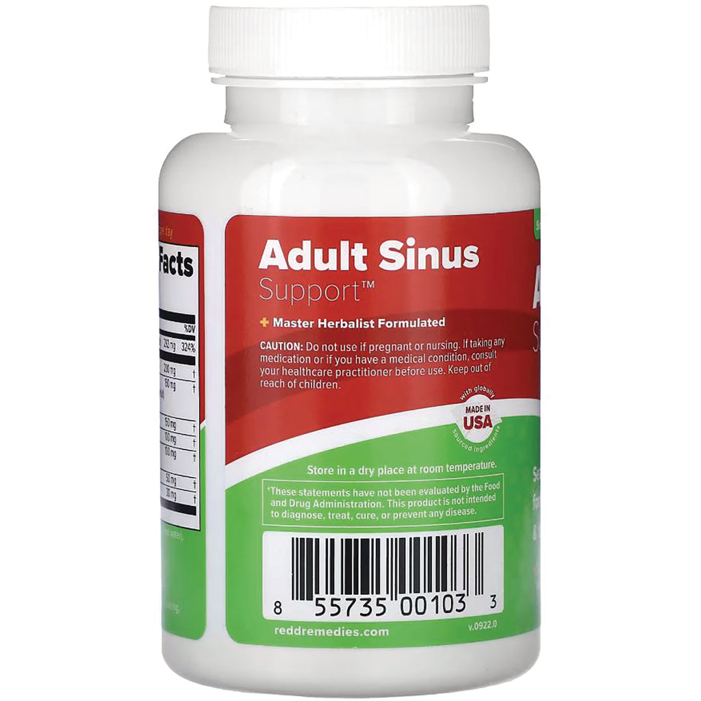 RED001 | Back of Adult Sinus Support bottle showing caution text, barcode and supplement facts panel - Thumbnail