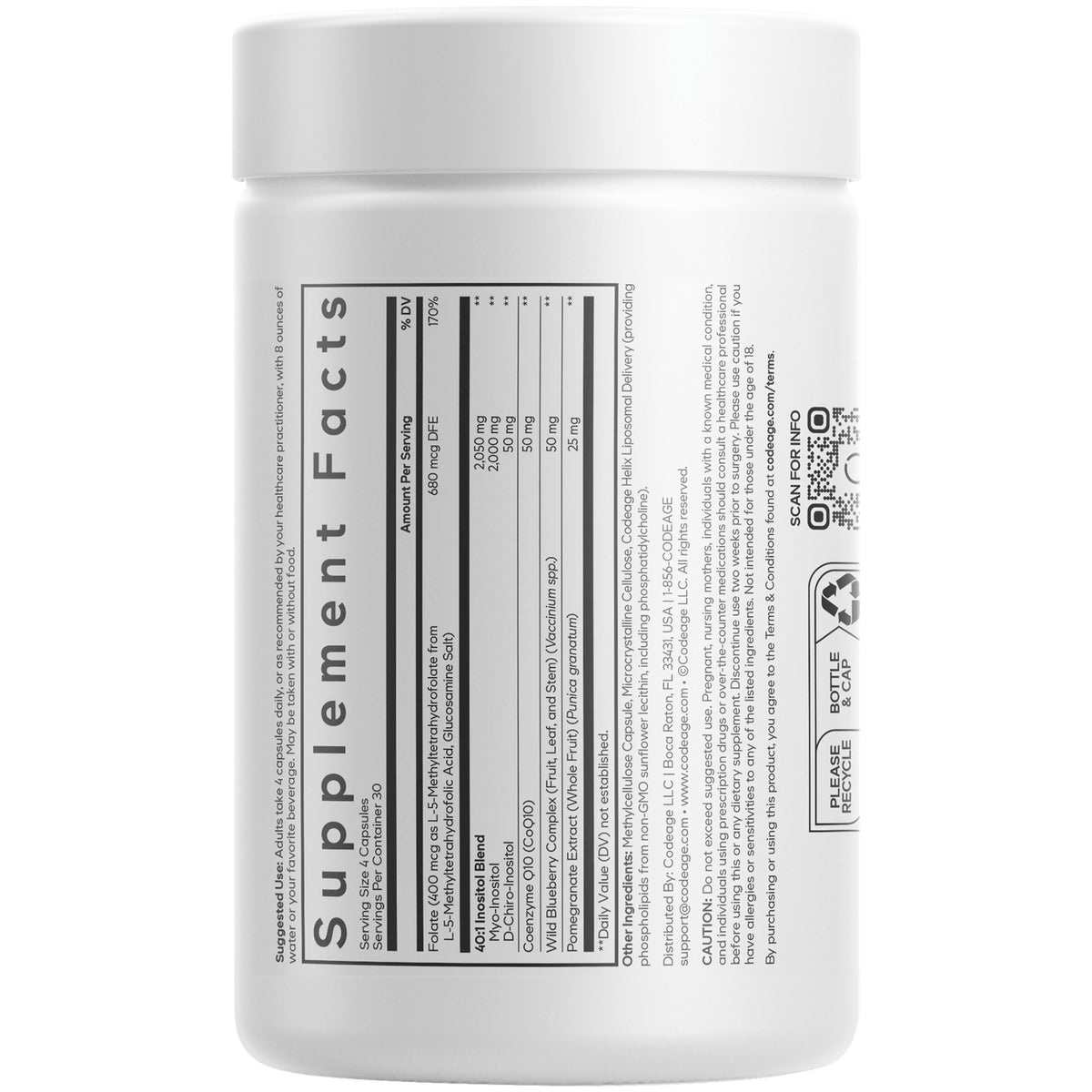CDG045 | Back label of white supplement bottle showing Supplement Facts panel and ingredient text
